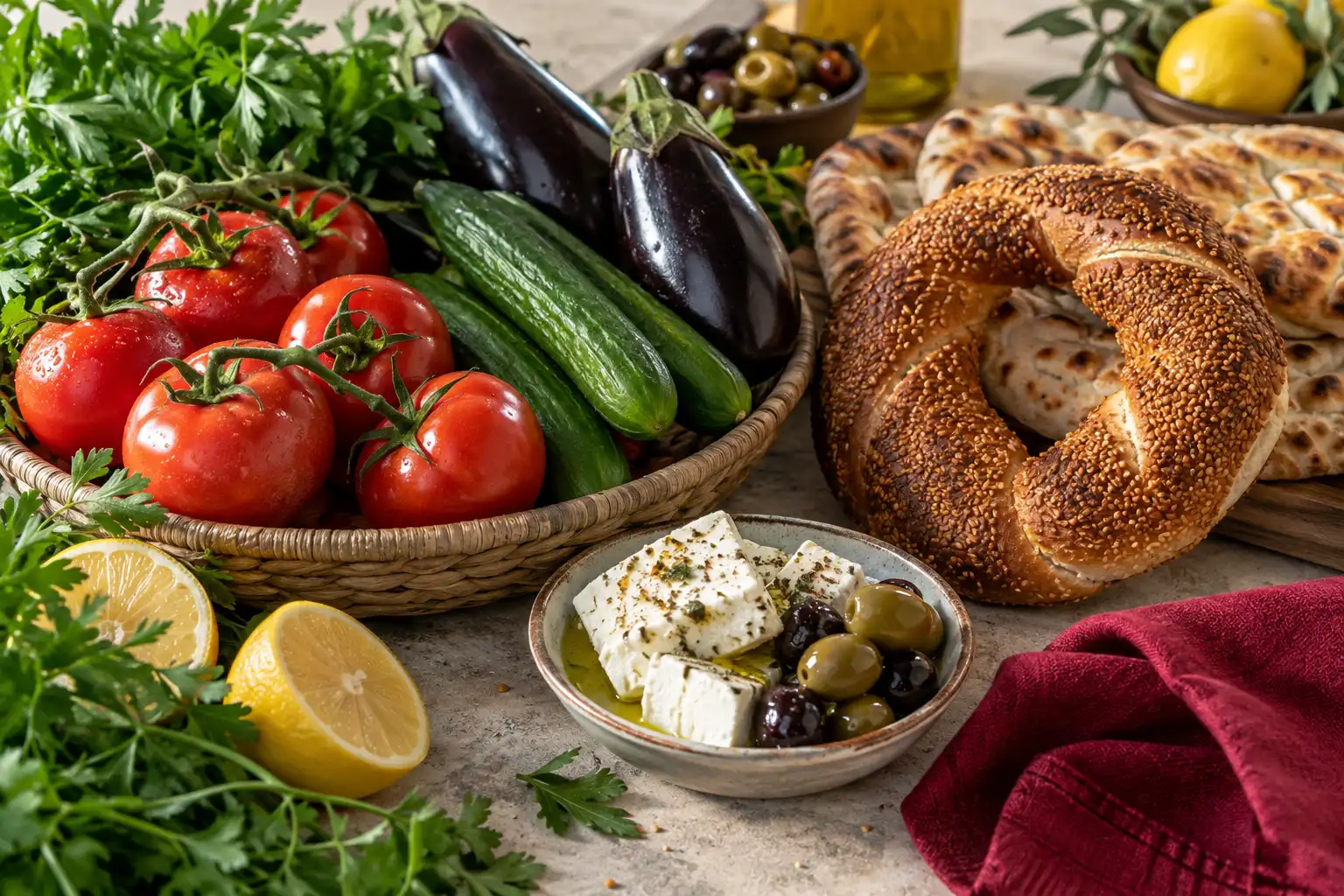 Bir sofrada taze sebzeler, simit, pide, peynir ve zeytin.